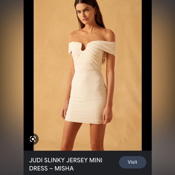 MISHA - Judi off the shoulder draped slinky mini dress. Cream color size US 6 - Picture 6 of 8